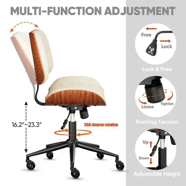 Alt view image 6 of 6 - Armless Office Chair with Silent Rubber Wheels, Mid Century Modern Small Desk Chair, No Arms Leather Computer Chair for Home Office, Swivel Vanity Chair, Rolling, Adjustable Height (Cream)