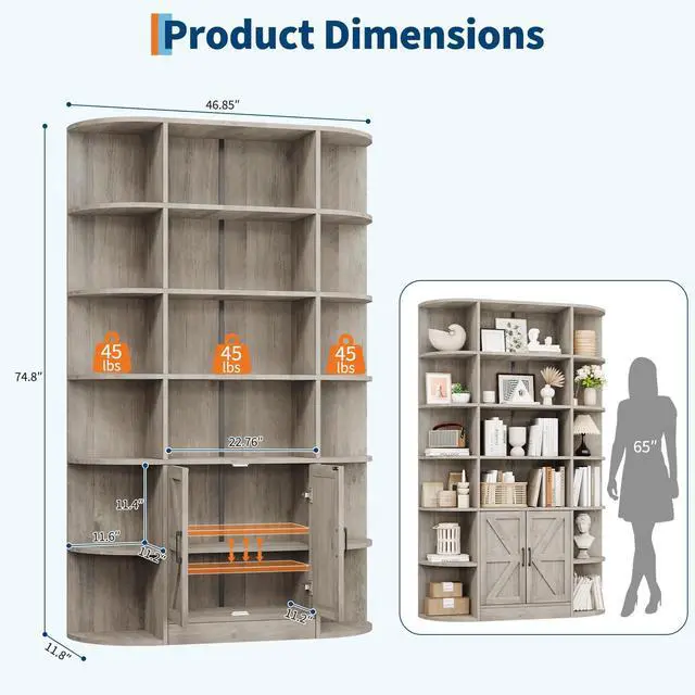 Alt view image 2 of 6 - 75in Tall Bookcase with Storage Cabinet, 6-Tier Wide Floor Bookshelf with Doors, Modern Wooden Standing Display Shelf Organizer for Home Office Living Room Bedroom, Grey
