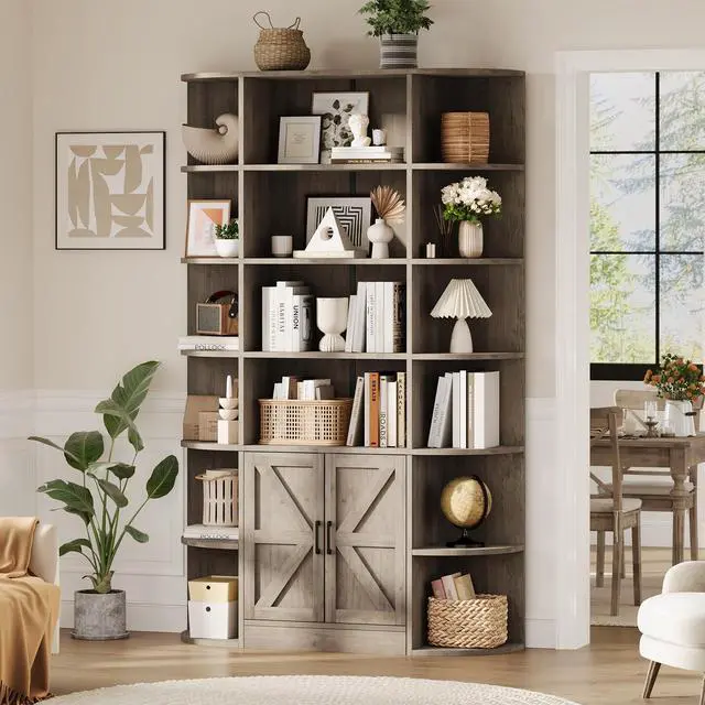 Alt view image 3 of 6 - 75in Tall Bookcase with Storage Cabinet, 6-Tier Wide Floor Bookshelf with Doors, Modern Wooden Standing Display Shelf Organizer for Home Office Living Room Bedroom, Grey