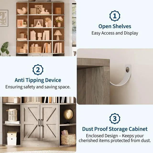 Alt view image 4 of 6 - 75in Tall Bookcase with Storage Cabinet, 6-Tier Wide Floor Bookshelf with Doors, Modern Wooden Standing Display Shelf Organizer for Home Office Living Room Bedroom, Grey