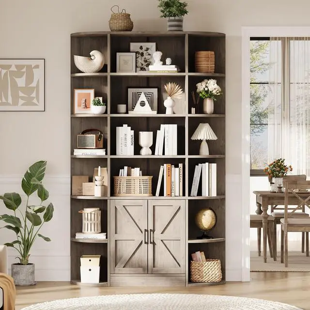 Alt view image 5 of 6 - 75in Tall Bookcase with Storage Cabinet, 6-Tier Wide Floor Bookshelf with Doors, Modern Wooden Standing Display Shelf Organizer for Home Office Living Room Bedroom, Grey