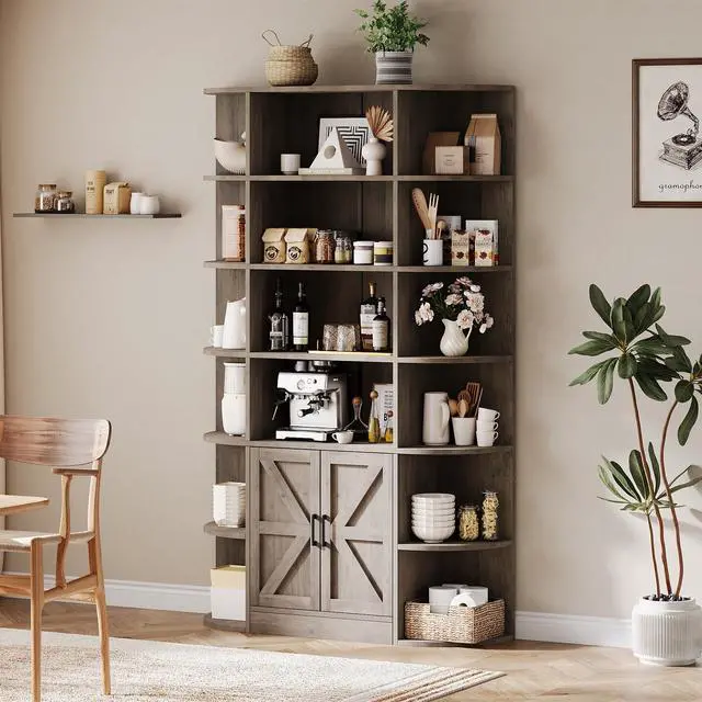 Alt view image 6 of 6 - 75in Tall Bookcase with Storage Cabinet, 6-Tier Wide Floor Bookshelf with Doors, Modern Wooden Standing Display Shelf Organizer for Home Office Living Room Bedroom, Grey