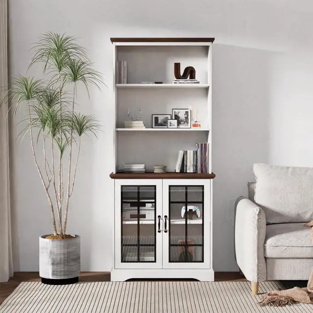 Main image of 72" Tall Bookcase, White and Brown Design Large Floor Standing Bookshelf, 5 Tier Shelves with Door Storage for Living Room Hallway Kitchen Home Office, with Glass Door - 5 Tier
