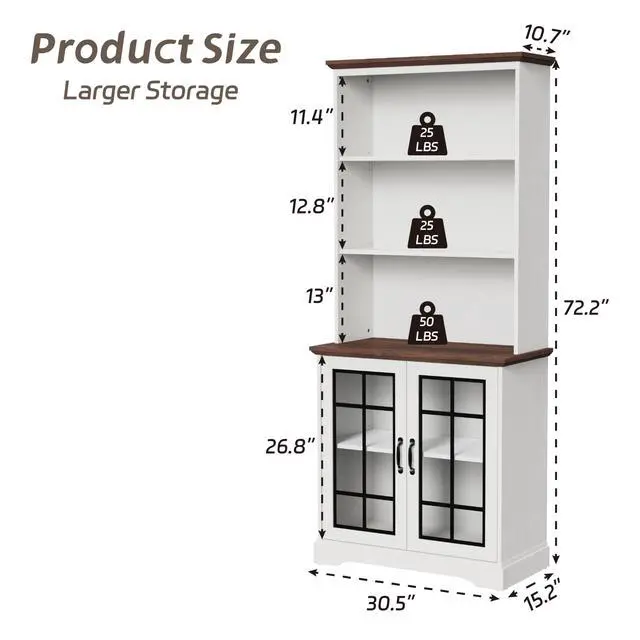Alt view image 2 of 6 - 72" Tall Bookcase, White and Brown Design Large Floor Standing Bookshelf, 5 Tier Shelves with Door Storage for Living Room Hallway Kitchen Home Office, with Glass Door - 5 Tier