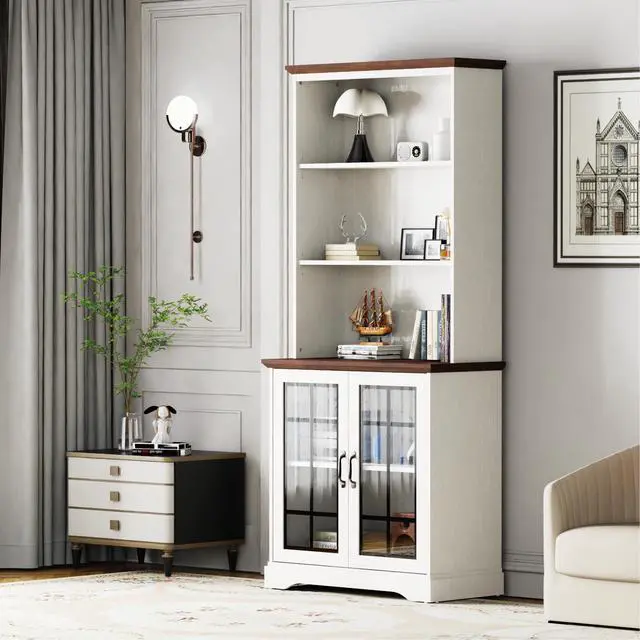 Alt view image 3 of 6 - 72" Tall Bookcase, White and Brown Design Large Floor Standing Bookshelf, 5 Tier Shelves with Door Storage for Living Room Hallway Kitchen Home Office, with Glass Door - 5 Tier