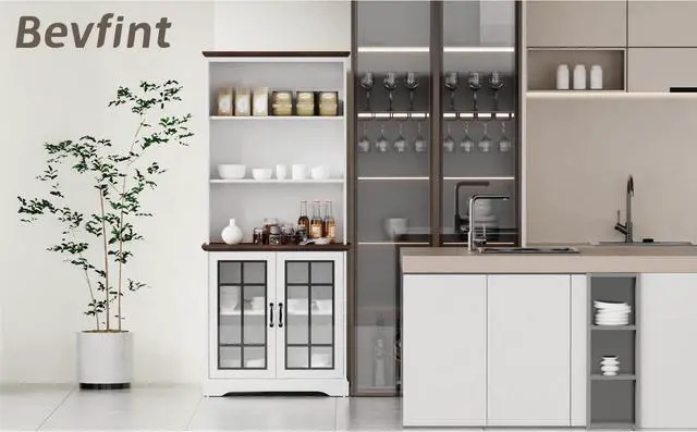 Alt view image 4 of 6 - 72" Tall Bookcase, White and Brown Design Large Floor Standing Bookshelf, 5 Tier Shelves with Door Storage for Living Room Hallway Kitchen Home Office, with Glass Door - 5 Tier