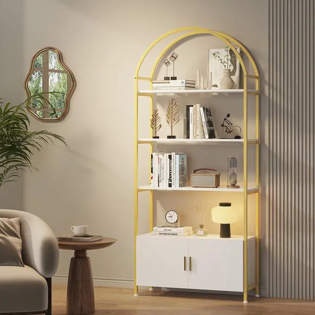 Main image of Arched Gold Bookshelf with Doors, 71" Tall Bookcase with Sturdy Metal Frame, Freestanding Display Shelving Unit, White and Gold Geometric Shelf for Lving Room, Bedroom, Home Office
