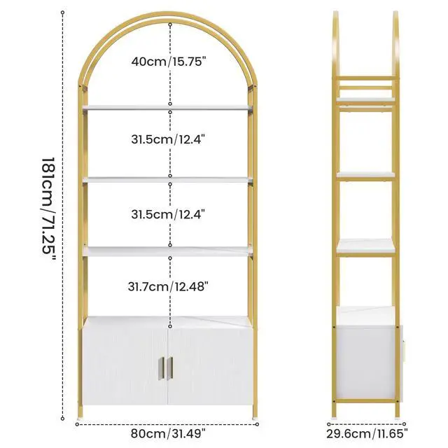 Alt view image 2 of 6 - Arched Gold Bookshelf with Doors, 71" Tall Bookcase with Sturdy Metal Frame, Freestanding Display Shelving Unit, White and Gold Geometric Shelf for Lving Room, Bedroom, Home Office
