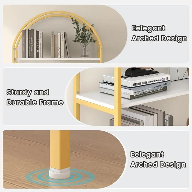 Alt view image 3 of 6 - Arched Gold Bookshelf with Doors, 71" Tall Bookcase with Sturdy Metal Frame, Freestanding Display Shelving Unit, White and Gold Geometric Shelf for Lving Room, Bedroom, Home Office