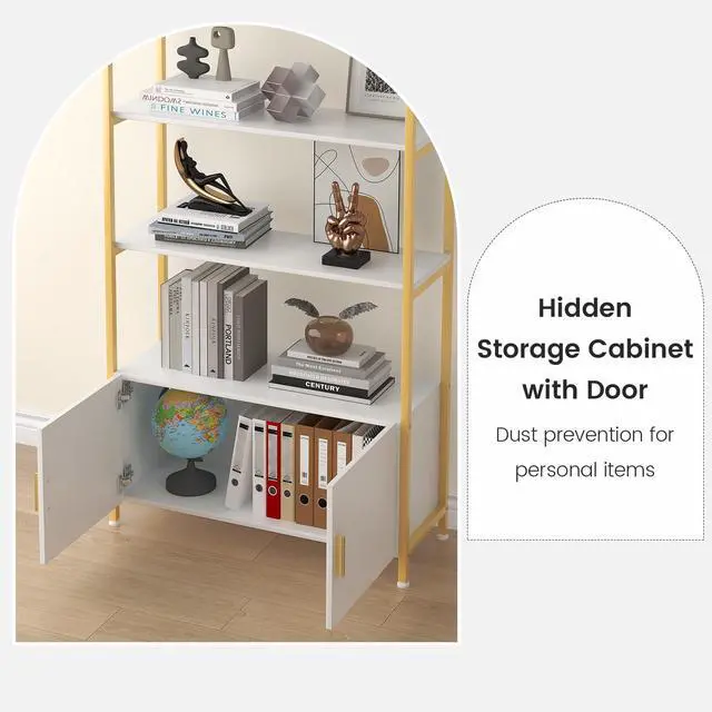 Alt view image 4 of 6 - Arched Gold Bookshelf with Doors, 71" Tall Bookcase with Sturdy Metal Frame, Freestanding Display Shelving Unit, White and Gold Geometric Shelf for Lving Room, Bedroom, Home Office