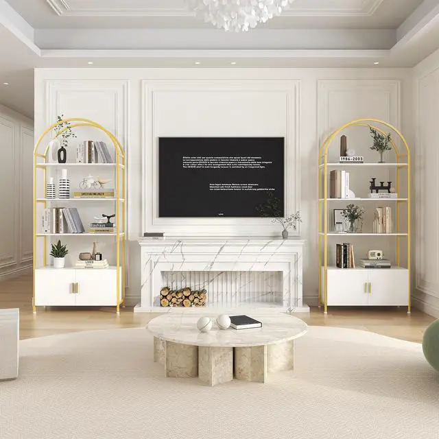 Alt view image 5 of 6 - Arched Gold Bookshelf with Doors, 71" Tall Bookcase with Sturdy Metal Frame, Freestanding Display Shelving Unit, White and Gold Geometric Shelf for Lving Room, Bedroom, Home Office