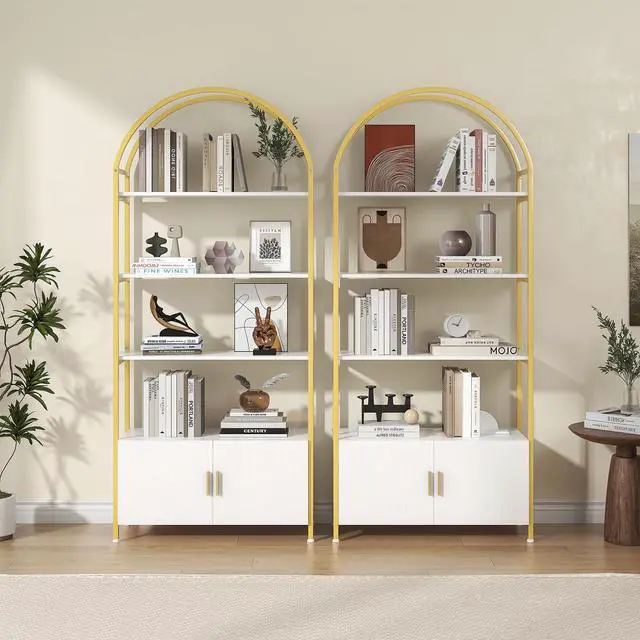 Alt view image 6 of 6 - Arched Gold Bookshelf with Doors, 71" Tall Bookcase with Sturdy Metal Frame, Freestanding Display Shelving Unit, White and Gold Geometric Shelf for Lving Room, Bedroom, Home Office
