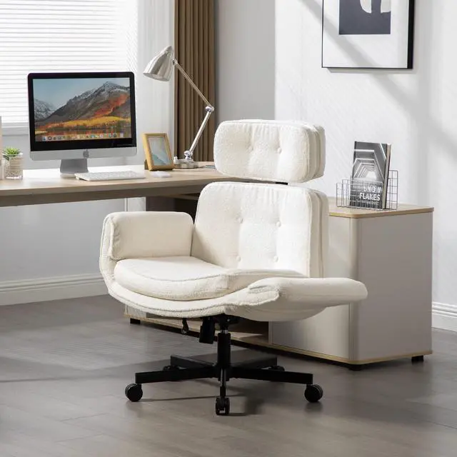 Main image of Criss Cross Chair with Adjustable Armrests and Wheels, Boucle Fabric Cross Legged Office Chair, Height Adjustable Computer Office Desk Chairs for Home, Bedroom, Swivel Makeup Vanity Chair (Ivory)