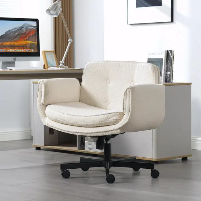 Alt view image 5 of 6 - Criss Cross Chair with Adjustable Armrests and Wheels, Boucle Fabric Cross Legged Office Chair, Height Adjustable Computer Office Desk Chairs for Home, Bedroom, Swivel Makeup Vanity Chair (Ivory)