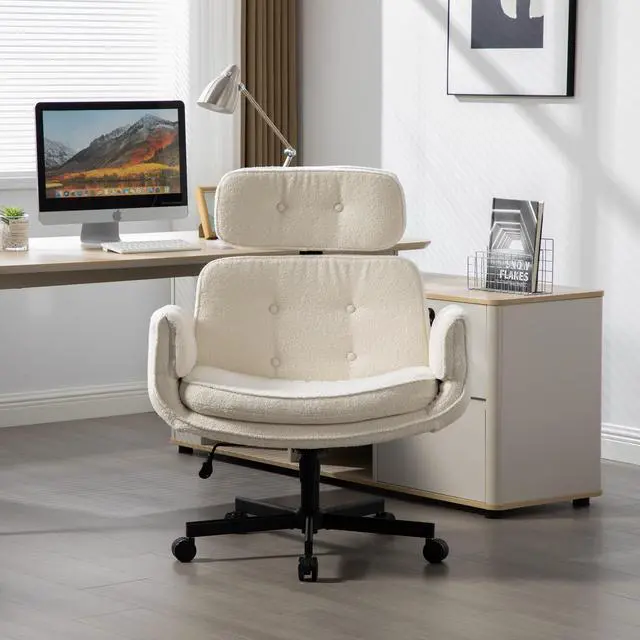 Alt view image 6 of 6 - Criss Cross Chair with Adjustable Armrests and Wheels, Boucle Fabric Cross Legged Office Chair, Height Adjustable Computer Office Desk Chairs for Home, Bedroom, Swivel Makeup Vanity Chair (Ivory)