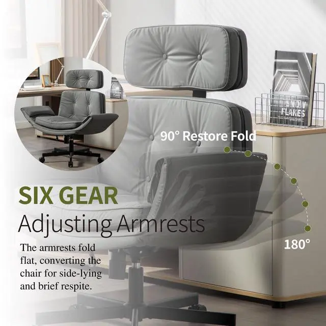 Alt view image 4 of 6 - Criss Cross Chair with Adjustable Armrests and Wheels, PU Leather Cross Legged Office Chair, Height Adjustable Computer Office Desk Chairs for Home, Bedroom, Swivel Makeup Vanity Chair (Gray)
