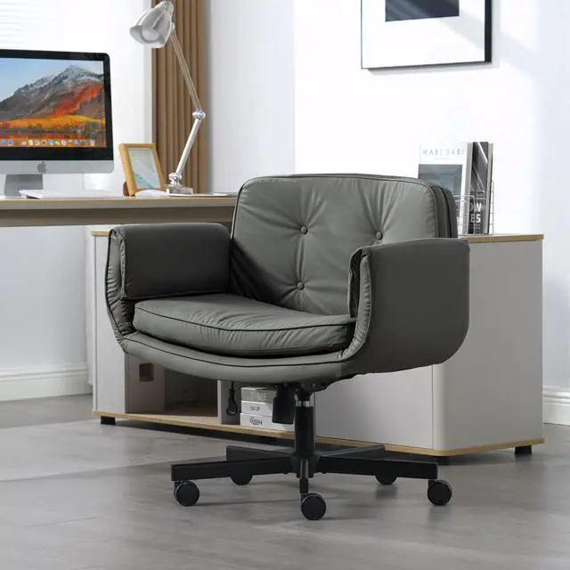 Alt view image 5 of 6 - Criss Cross Chair with Adjustable Armrests and Wheels, PU Leather Cross Legged Office Chair, Height Adjustable Computer Office Desk Chairs for Home, Bedroom, Swivel Makeup Vanity Chair (Gray)