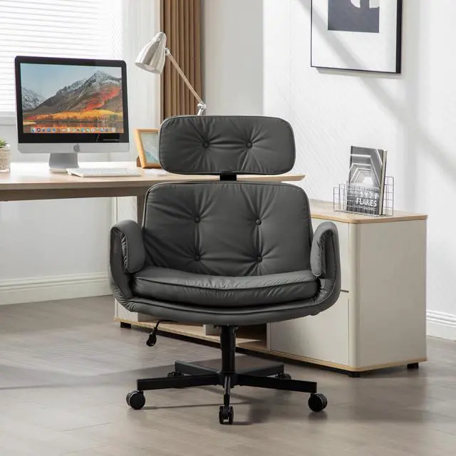 Alt view image 6 of 6 - Criss Cross Chair with Adjustable Armrests and Wheels, PU Leather Cross Legged Office Chair, Height Adjustable Computer Office Desk Chairs for Home, Bedroom, Swivel Makeup Vanity Chair (Gray)