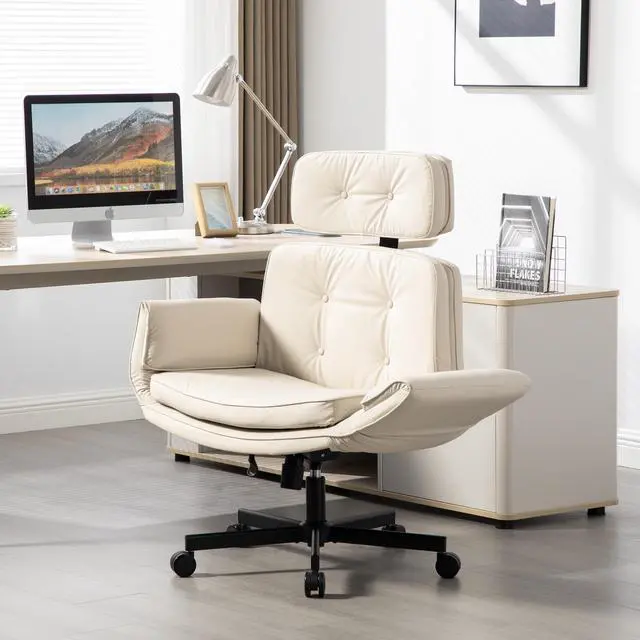 Main image of Criss Cross Chair with Adjustable Armrests and Wheels, PU Leather Cross Legged Office Chair, Height Adjustable Computer Office Desk Chairs for Home, Bedroom, Swivel Makeup Vanity Chair (Beige)