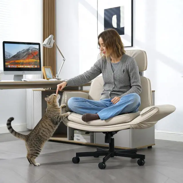 Alt view image 3 of 6 - Criss Cross Chair with Adjustable Armrests and Wheels, PU Leather Cross Legged Office Chair, Height Adjustable Computer Office Desk Chairs for Home, Bedroom, Swivel Makeup Vanity Chair (Beige)