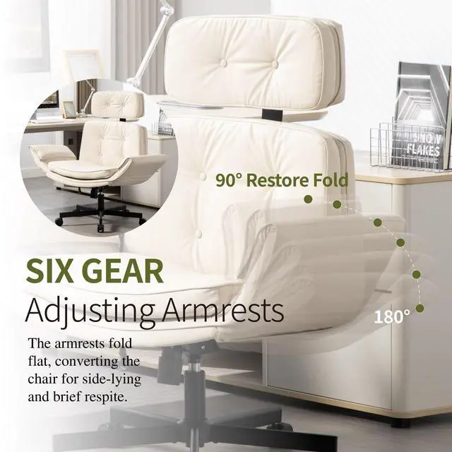 Alt view image 4 of 6 - Criss Cross Chair with Adjustable Armrests and Wheels, PU Leather Cross Legged Office Chair, Height Adjustable Computer Office Desk Chairs for Home, Bedroom, Swivel Makeup Vanity Chair (Beige)
