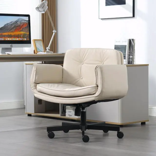Alt view image 5 of 6 - Criss Cross Chair with Adjustable Armrests and Wheels, PU Leather Cross Legged Office Chair, Height Adjustable Computer Office Desk Chairs for Home, Bedroom, Swivel Makeup Vanity Chair (Beige)