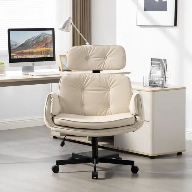 Alt view image 6 of 6 - Criss Cross Chair with Adjustable Armrests and Wheels, PU Leather Cross Legged Office Chair, Height Adjustable Computer Office Desk Chairs for Home, Bedroom, Swivel Makeup Vanity Chair (Beige)