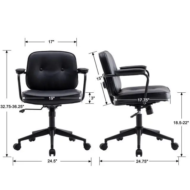Alt view image 2 of 6 - Modern Swivel Office Desk Chair with Armrest, Comfy Height Adjustable Computer Chair with Wheels, Mid Back Tufted Button Desk Chair for Home Office, PU Black, 1pc