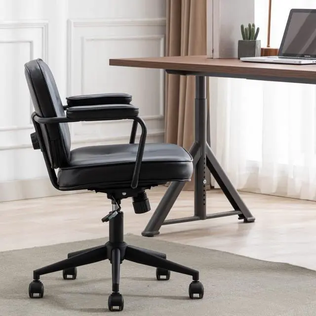 Alt view image 5 of 6 - Modern Swivel Office Desk Chair with Armrest, Comfy Height Adjustable Computer Chair with Wheels, Mid Back Tufted Button Desk Chair for Home Office, PU Black, 1pc