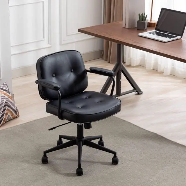 Alt view image 6 of 6 - Modern Swivel Office Desk Chair with Armrest, Comfy Height Adjustable Computer Chair with Wheels, Mid Back Tufted Button Desk Chair for Home Office, PU Black, 1pc