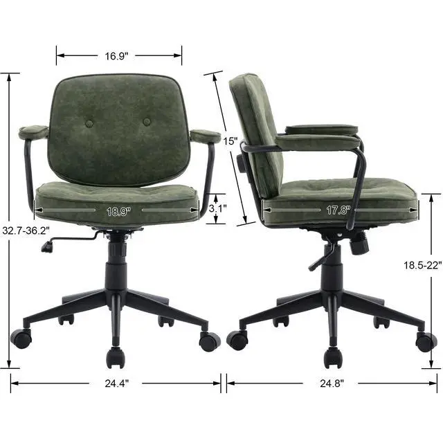 Alt view image 2 of 6 - Modern Swivel Office Desk Chair with Armrest, Comfy Height Adjustable Computer Chair with Wheels, Mid Back Tufted Button Desk Chair for Home Office, PU Green, 1pc