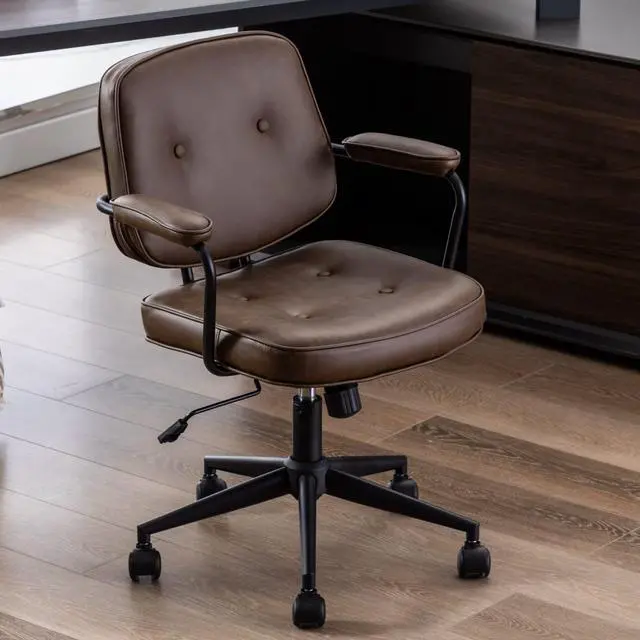 Main image of Modern Swivel Office Desk Chair with Armrest, Comfy Height Adjustable Computer Chair with Wheels, Mid Back Tufted Button Desk Chair for Home Office, PU Brown, 1pc