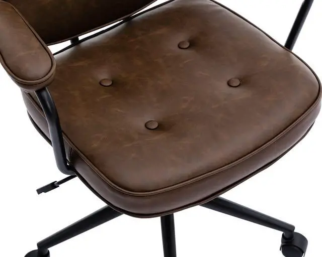 Alt view image 4 of 6 - Modern Swivel Office Desk Chair with Armrest, Comfy Height Adjustable Computer Chair with Wheels, Mid Back Tufted Button Desk Chair for Home Office, PU Brown, 1pc