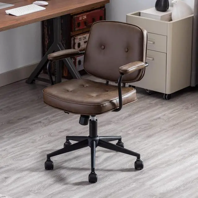 Alt view image 5 of 6 - Modern Swivel Office Desk Chair with Armrest, Comfy Height Adjustable Computer Chair with Wheels, Mid Back Tufted Button Desk Chair for Home Office, PU Brown, 1pc