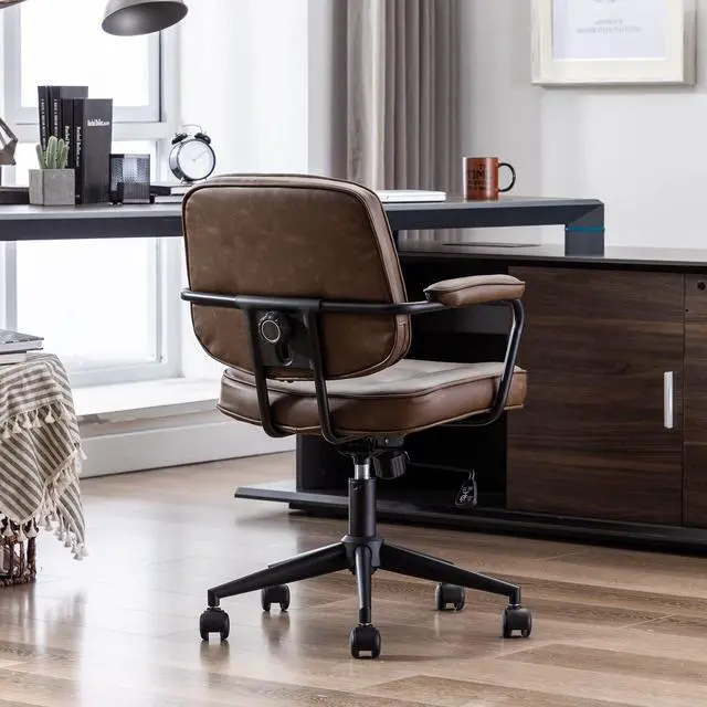 Alt view image 6 of 6 - Modern Swivel Office Desk Chair with Armrest, Comfy Height Adjustable Computer Chair with Wheels, Mid Back Tufted Button Desk Chair for Home Office, PU Brown, 1pc