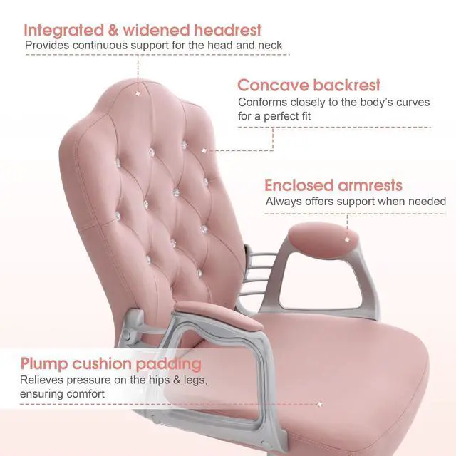 Alt view image 4 of 6 - Adjustable Home Office Chair, Makeup Vanity Lumbar Support Work Chair, Cute Swivel Rolling Nail Station, Ergonomic with Armrest, Computer Task Armchair with Metal Base 3535 (Pink)