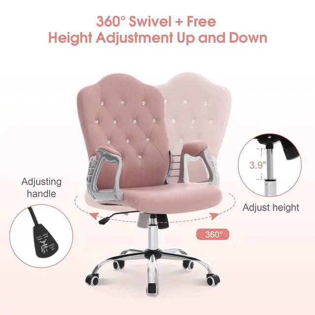 Alt view image 5 of 6 - Adjustable Home Office Chair, Makeup Vanity Lumbar Support Work Chair, Cute Swivel Rolling Nail Station, Ergonomic with Armrest, Computer Task Armchair with Metal Base 3535 (Pink)