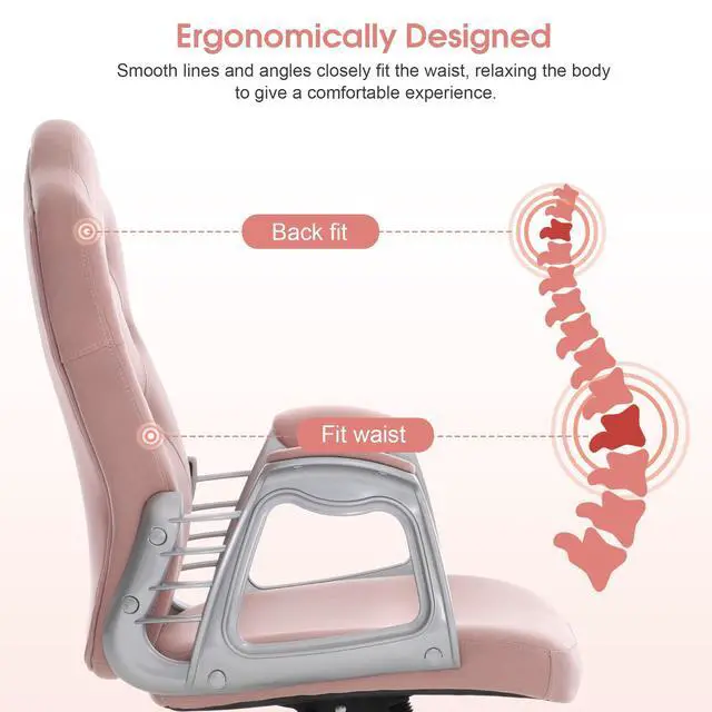 Alt view image 6 of 6 - Adjustable Home Office Chair, Makeup Vanity Lumbar Support Work Chair, Cute Swivel Rolling Nail Station, Ergonomic with Armrest, Computer Task Armchair with Metal Base 3535 (Pink)