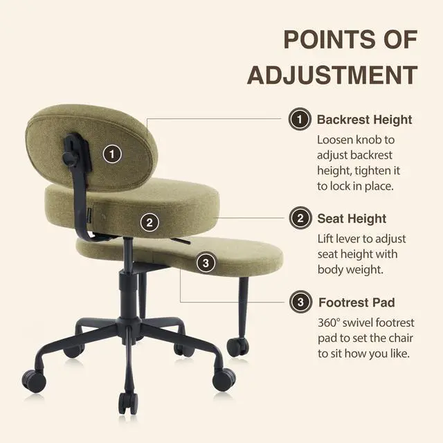 Alt view image 4 of 6 - Ergonomic Cross-Legged Meditation Office Chair Wide Criss Cross Kneeling Chair with Wheels, Adjustable Lumbar Support, Ideal for Yoga, Study & ADHD Makani 601 (Olive, Standard)