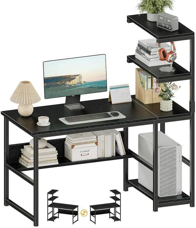 Main image of 47" Computer Desk with Bookshelf & Storage Shelves, Home Office Desk with 4-Tier Open Shelves, Modern Writing Desk with Glossy Finish, Easy Clean Workstation for Study, Gaming, Bedroom, Black
