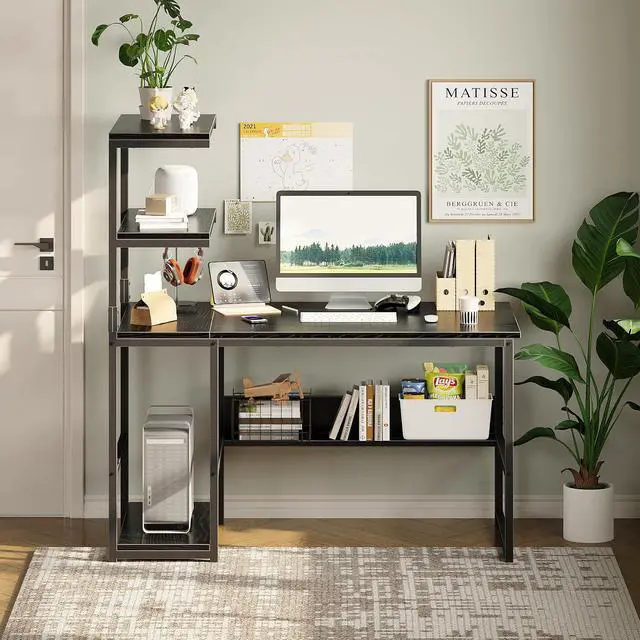 Alt view image 2 of 6 - 47" Computer Desk with Bookshelf & Storage Shelves, Home Office Desk with 4-Tier Open Shelves, Modern Writing Desk with Glossy Finish, Easy Clean Workstation for Study, Gaming, Bedroom, Black