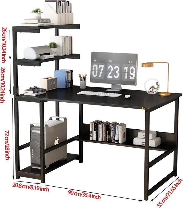 Alt view image 3 of 6 - 47" Computer Desk with Bookshelf & Storage Shelves, Home Office Desk with 4-Tier Open Shelves, Modern Writing Desk with Glossy Finish, Easy Clean Workstation for Study, Gaming, Bedroom, Black