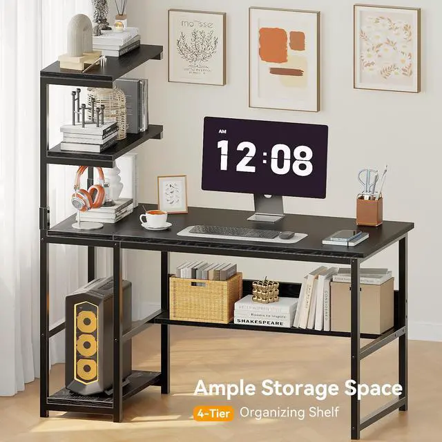 Alt view image 4 of 6 - 47" Computer Desk with Bookshelf & Storage Shelves, Home Office Desk with 4-Tier Open Shelves, Modern Writing Desk with Glossy Finish, Easy Clean Workstation for Study, Gaming, Bedroom, Black