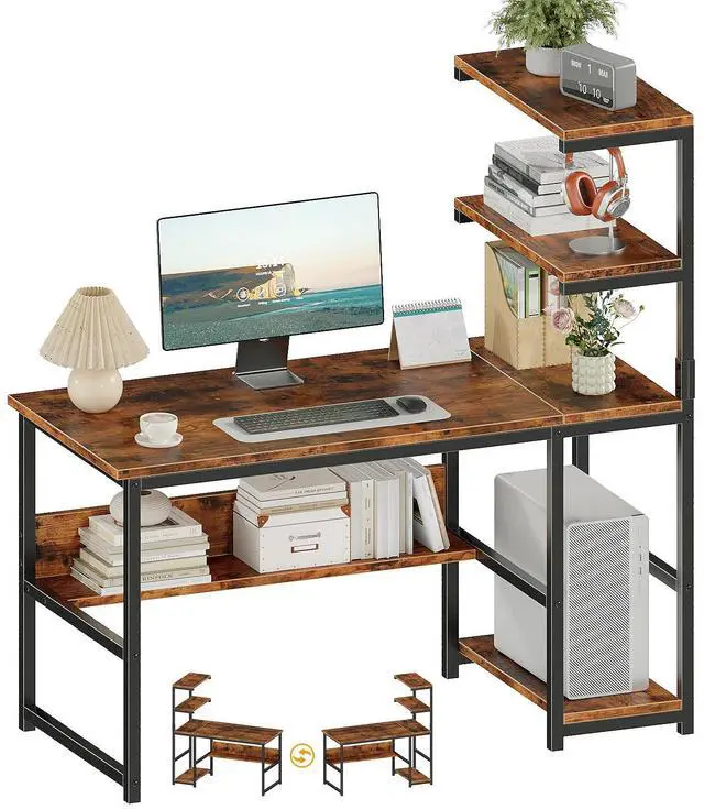 Main image of 47" Computer Desk with Bookshelf & Storage Shelves, Home Office Desk with 4-Tier Open Shelves, Modern Writing Desk with Glossy Finish, Easy Clean Workstation for Study, Gaming, Bedroom, Brown