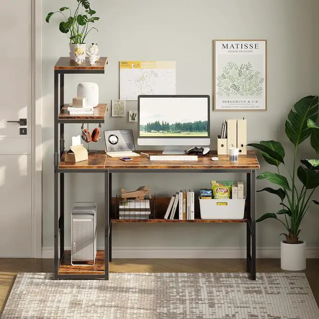 Alt view image 2 of 6 - 47" Computer Desk with Bookshelf & Storage Shelves, Home Office Desk with 4-Tier Open Shelves, Modern Writing Desk with Glossy Finish, Easy Clean Workstation for Study, Gaming, Bedroom, Brown