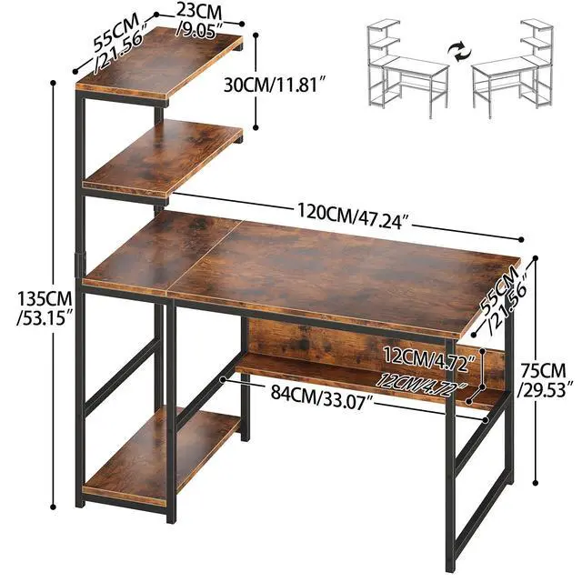 Alt view image 3 of 6 - 47" Computer Desk with Bookshelf & Storage Shelves, Home Office Desk with 4-Tier Open Shelves, Modern Writing Desk with Glossy Finish, Easy Clean Workstation for Study, Gaming, Bedroom, Brown