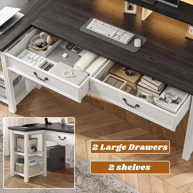 Alt view image 2 of 6 - Farmhouse L Shaped Computer Desk with Drawers,Office Desk with Power Outlets & LED Lights,55" Desks with Monitor Stand & Storage Shelves for Bedroom,Study Writing Desks for Home Office Work