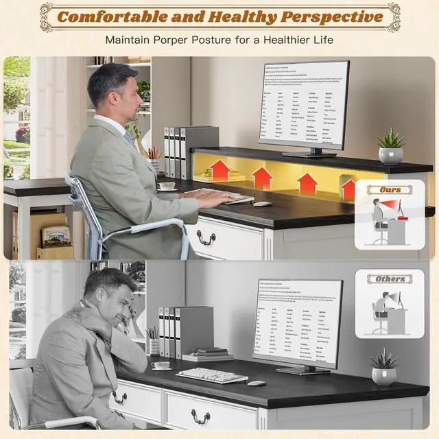 Alt view image 5 of 6 - Farmhouse L Shaped Computer Desk with Drawers,Office Desk with Power Outlets & LED Lights,55" Desks with Monitor Stand & Storage Shelves for Bedroom,Study Writing Desks for Home Office Work