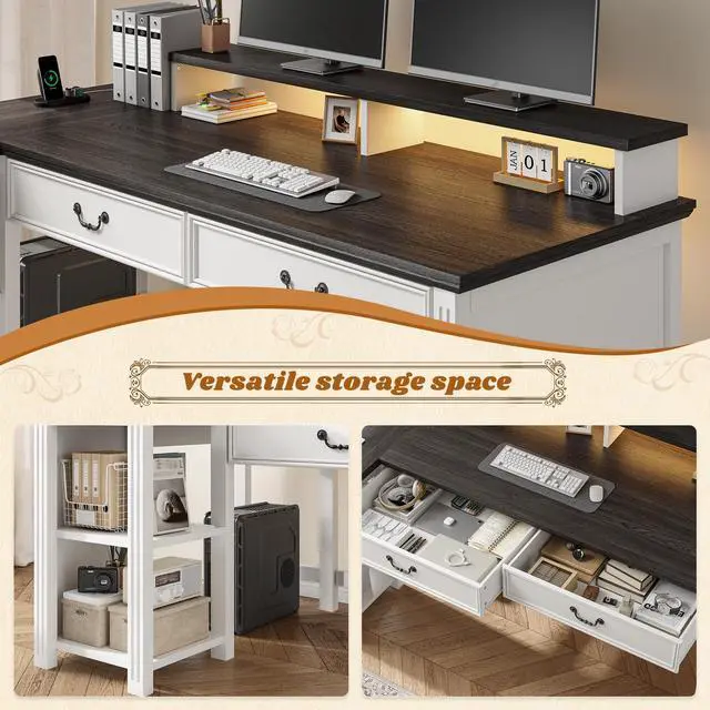 Alt view image 6 of 6 - Farmhouse L Shaped Computer Desk with Drawers,Office Desk with Power Outlets & LED Lights,55" Desks with Monitor Stand & Storage Shelves for Bedroom,Study Writing Desks for Home Office Work