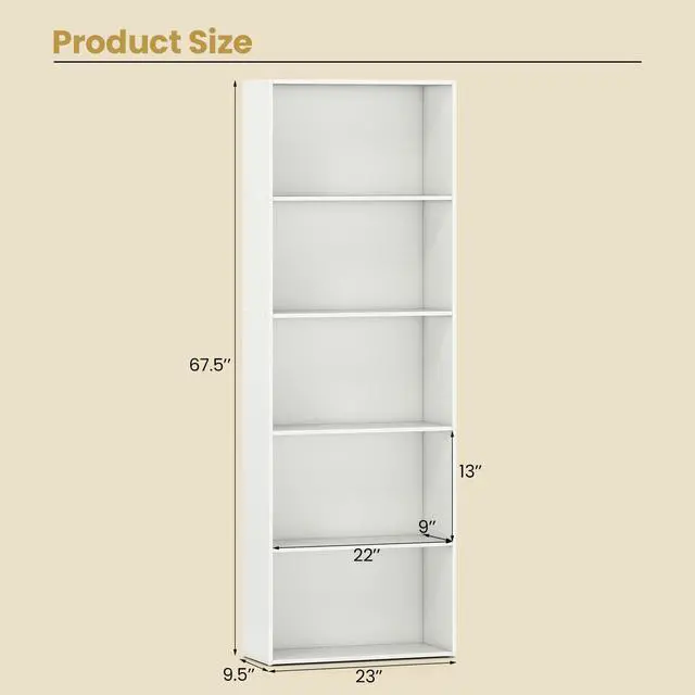 Alt view image 3 of 6 - 5-Tier Tall Bookshelf, 67.5 Bookcase with 5 Open Shelves, Wooden Book Shelf, Freestanding Storage Organizer Display Shelf for Living Room, Study, Home Office, Bedroom (2,White)